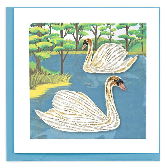Greeting Card with two quilled swans as they float along the water.