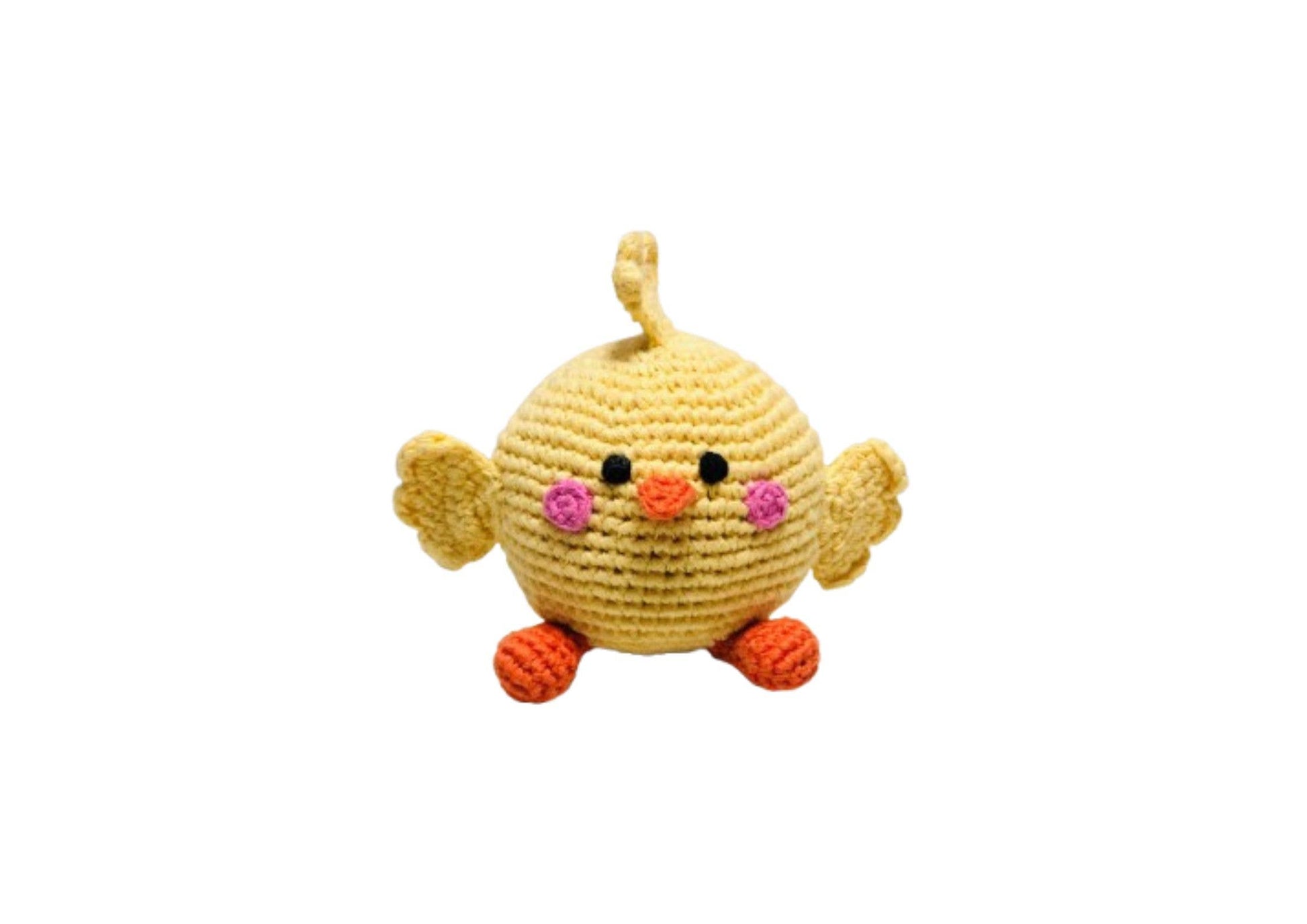 Crocheted yellow chick toy with black eyes and pink cheeks on a white background