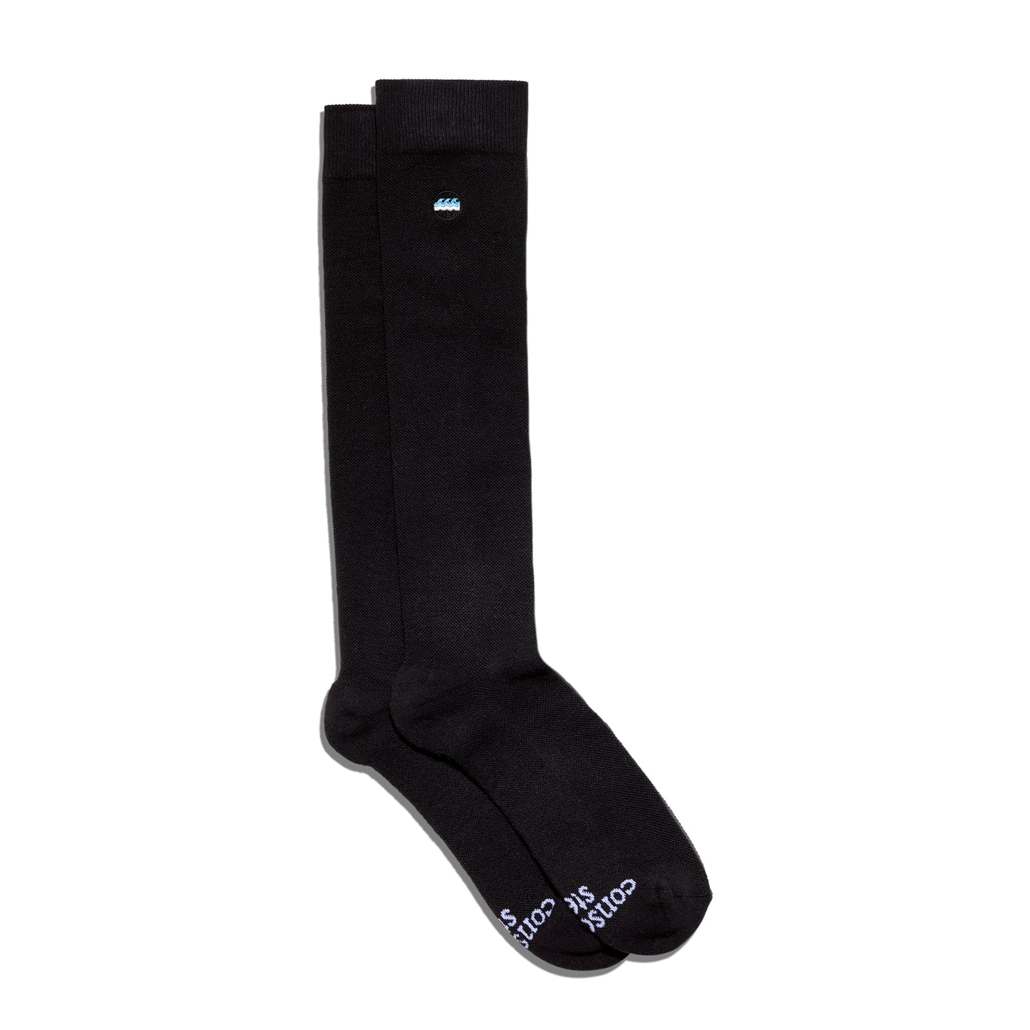 Black knee-high socks with white text on a white background