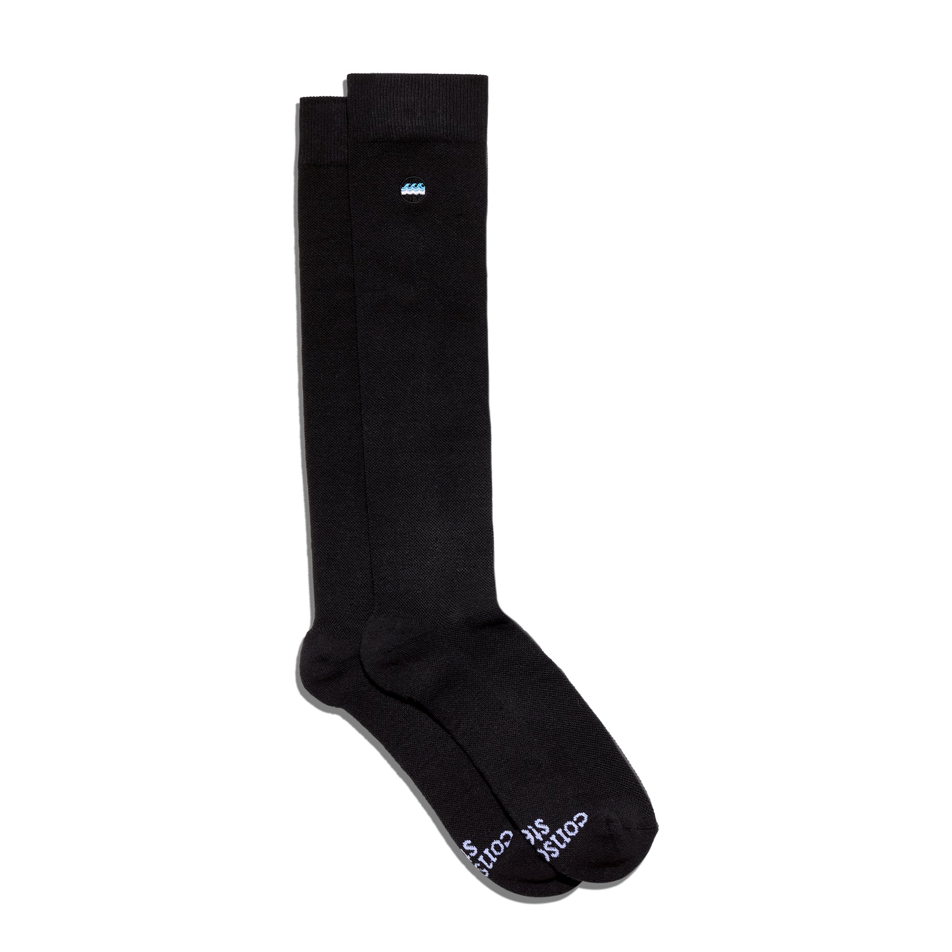 Black knee-high socks with white text on a white background