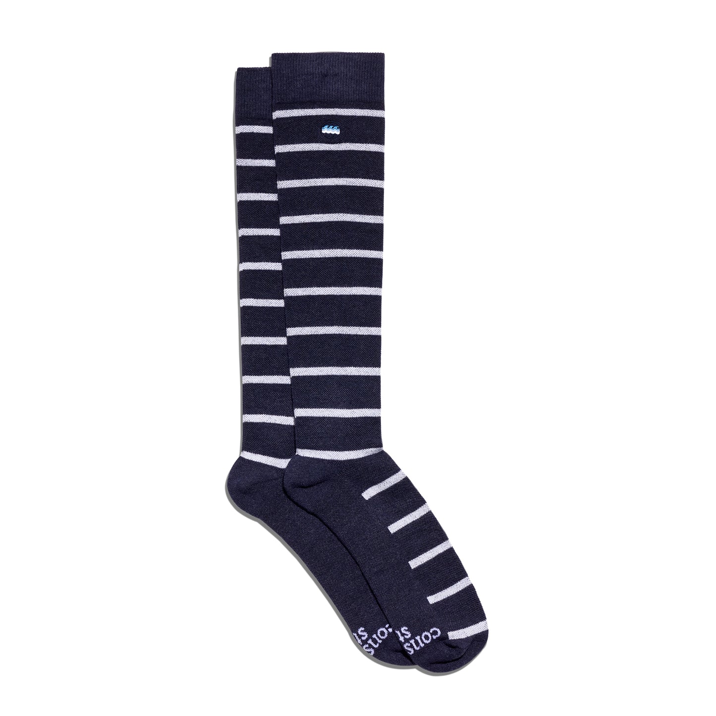 Navy blue knee-high socks with white stripes on a white background