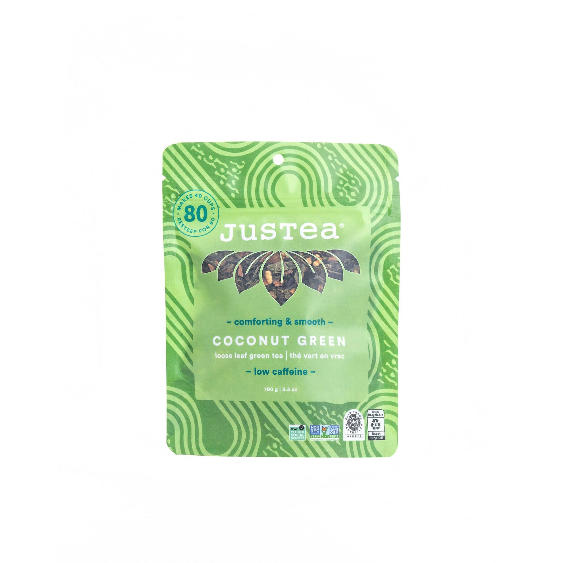 Justea coconut green tea package on a white background