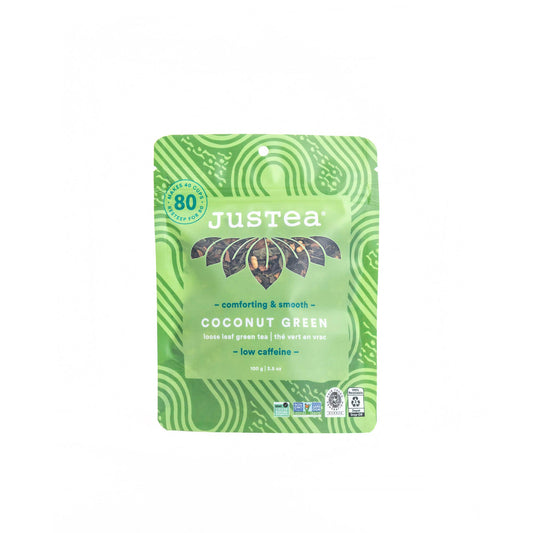 Justea coconut green tea package on a white background