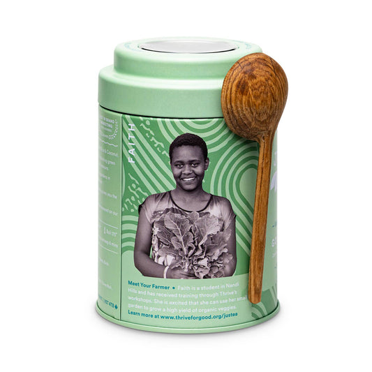 Green container with wooden spoon featuring a person on the label