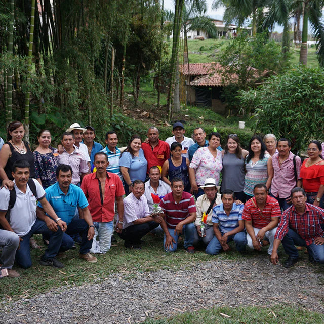 Group of Colombian coffee farmers posing among trees