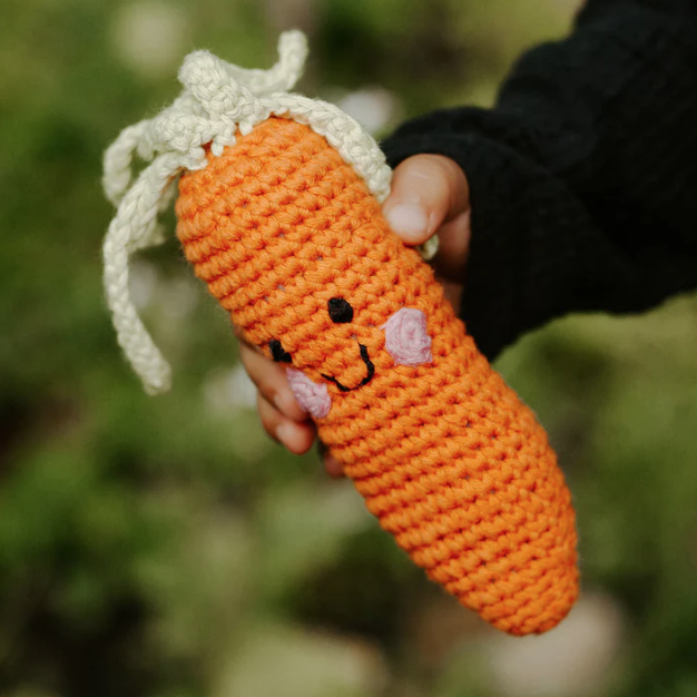 Hand holding a crocheted carrot toy with a blurred green background