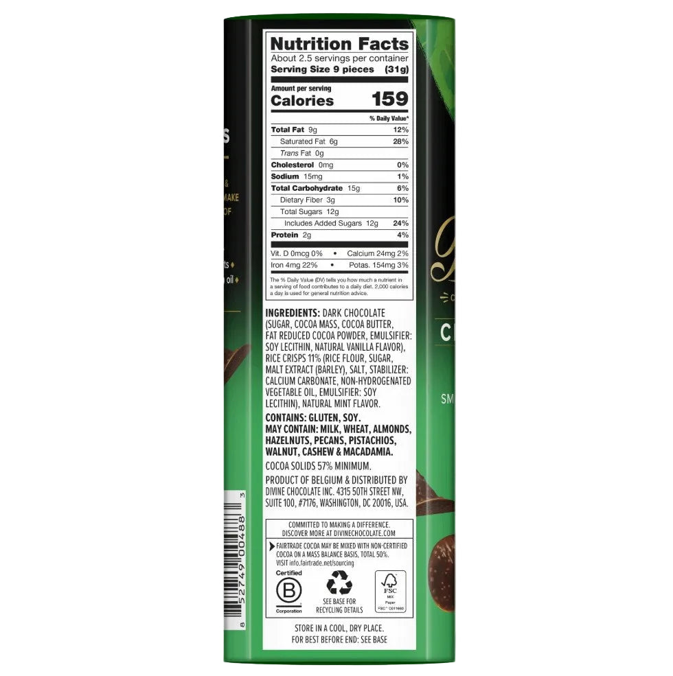 Nutrition facts label and ingredients list on a green product packaging.