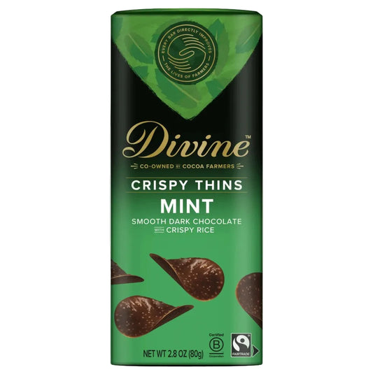 Green packaging of Divine Crispy Things Mint chocolate on a white background