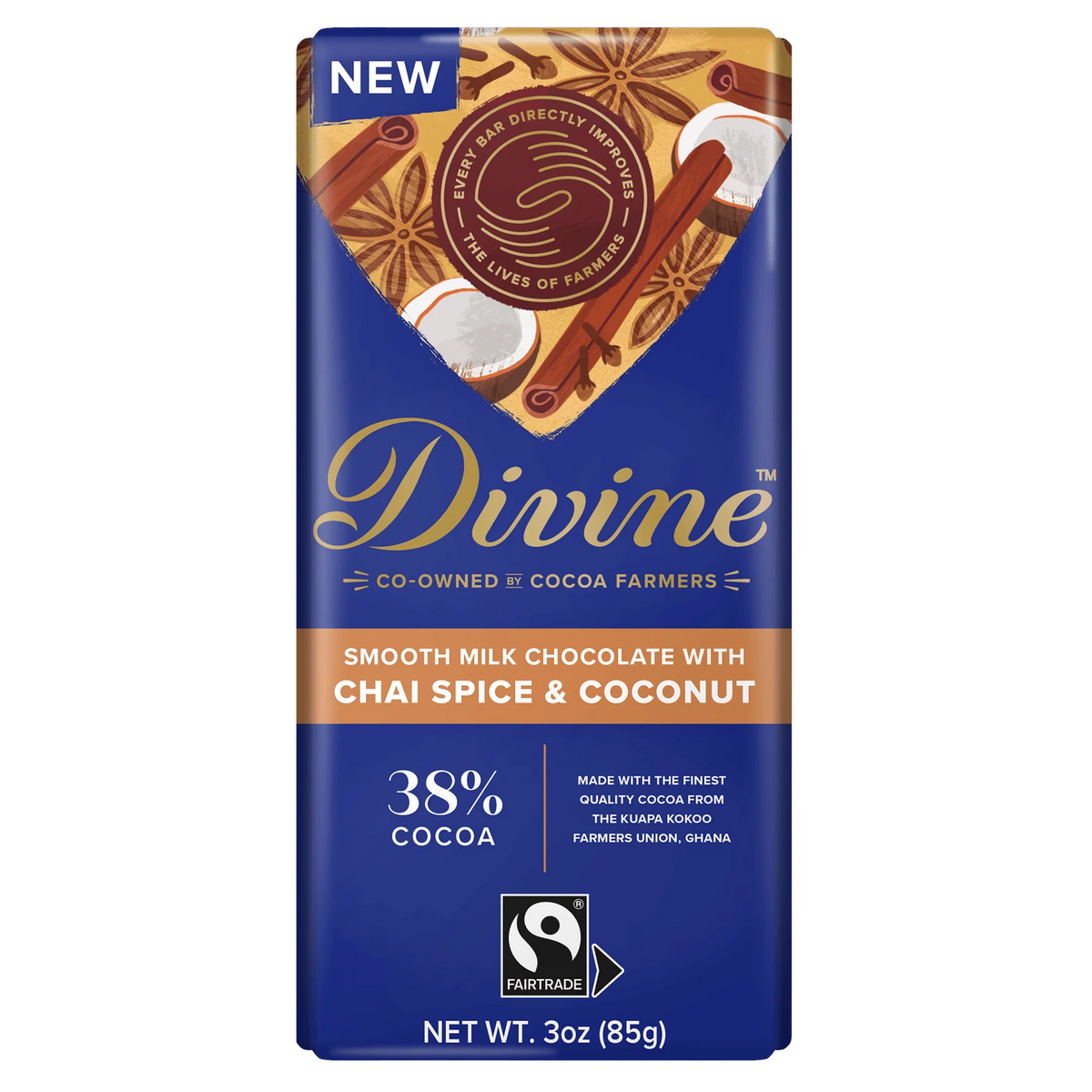 Chai spice and coconut chocolate bar with blue and gold packaging