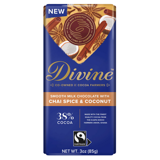 Chai spice and coconut chocolate bar with blue and gold packaging