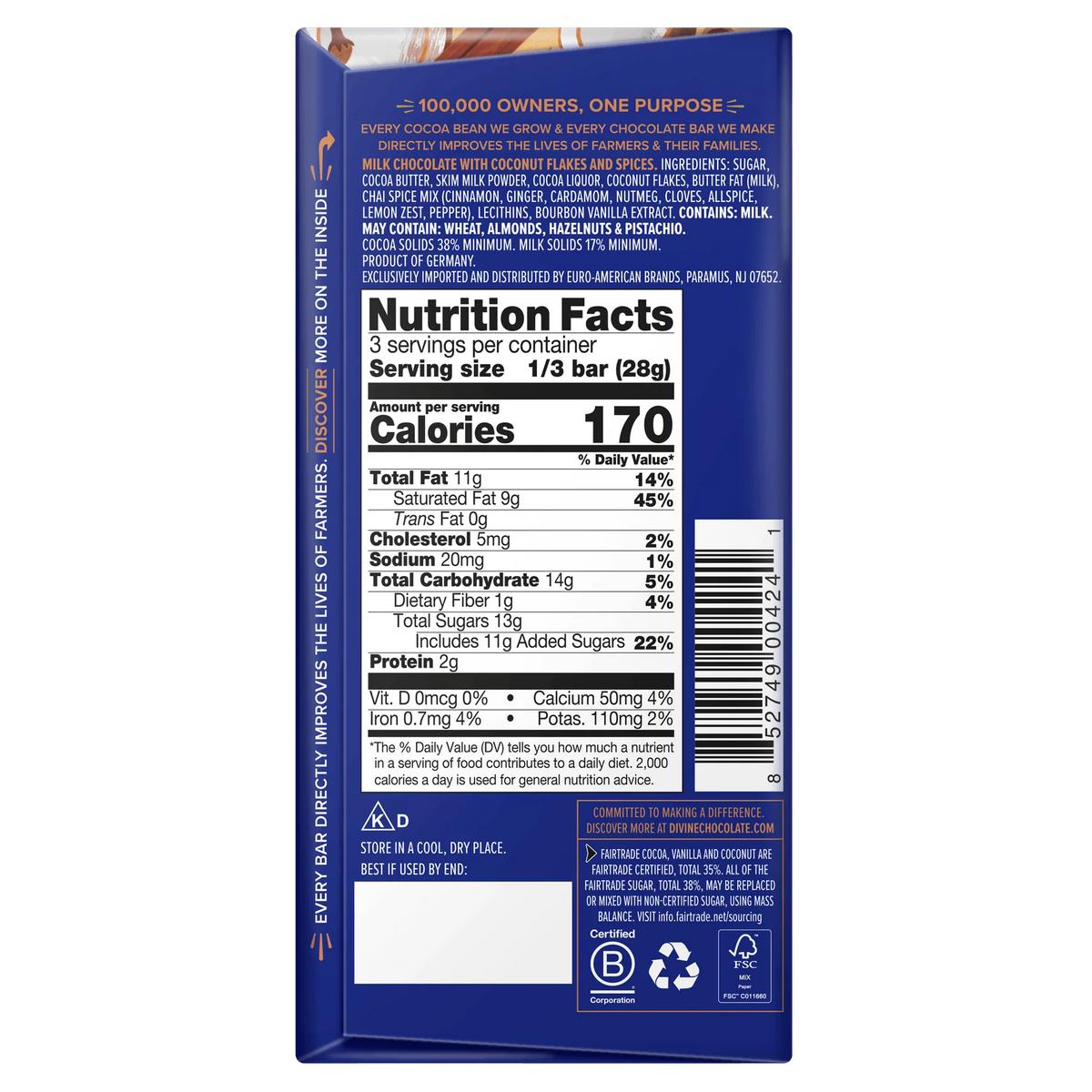Chai spice and coconut chocolate packaging back nutritional facts.