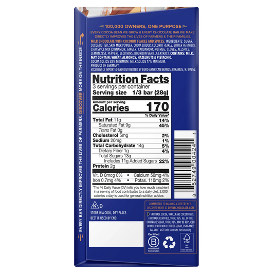 Chai spice and coconut chocolate packaging back nutritional facts.