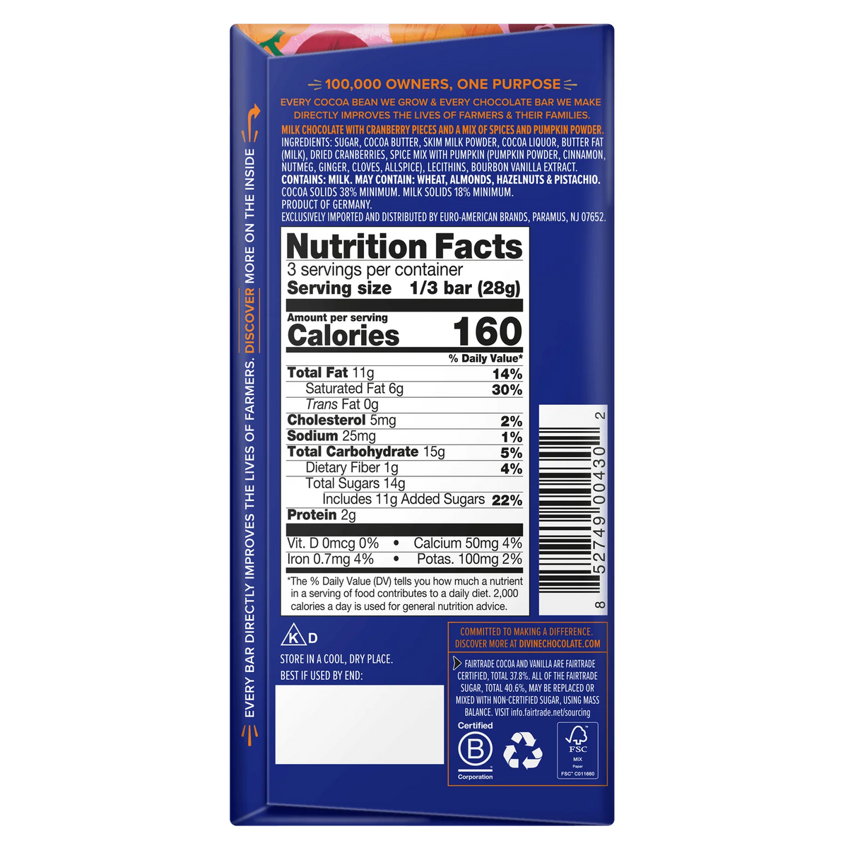 Pumpkin spice and cranberry milk chocolate bar back of package with Nutritional Information.