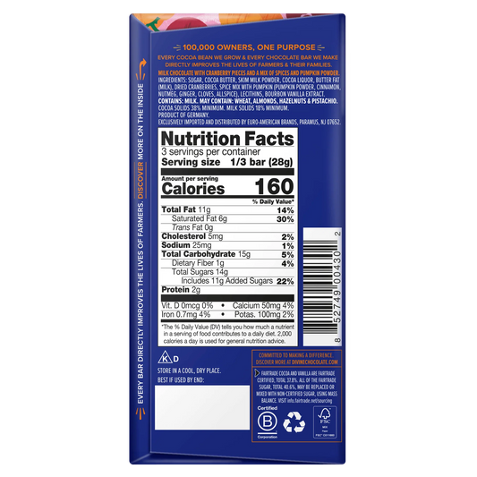 Pumpkin spice and cranberry milk chocolate bar back of package with Nutritional Information.