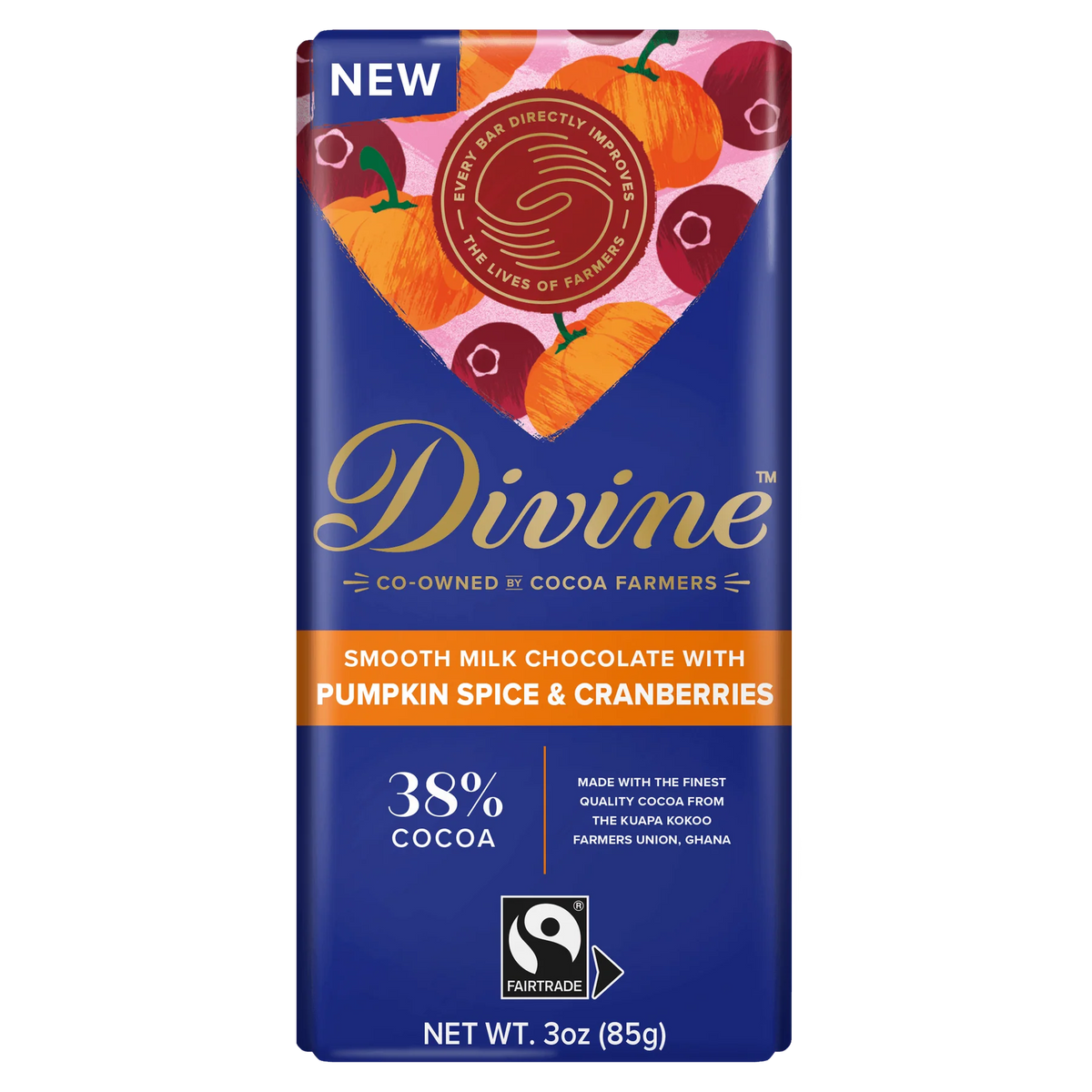 Pumpkin spice and cranberry milk chocolate bar in blue packaging with red and orange details.