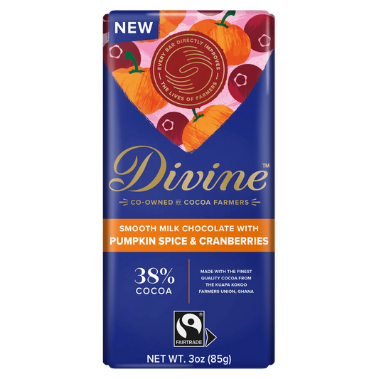 Pumpkin spice and cranberry milk chocolate bar in blue packaging with red and orange details.