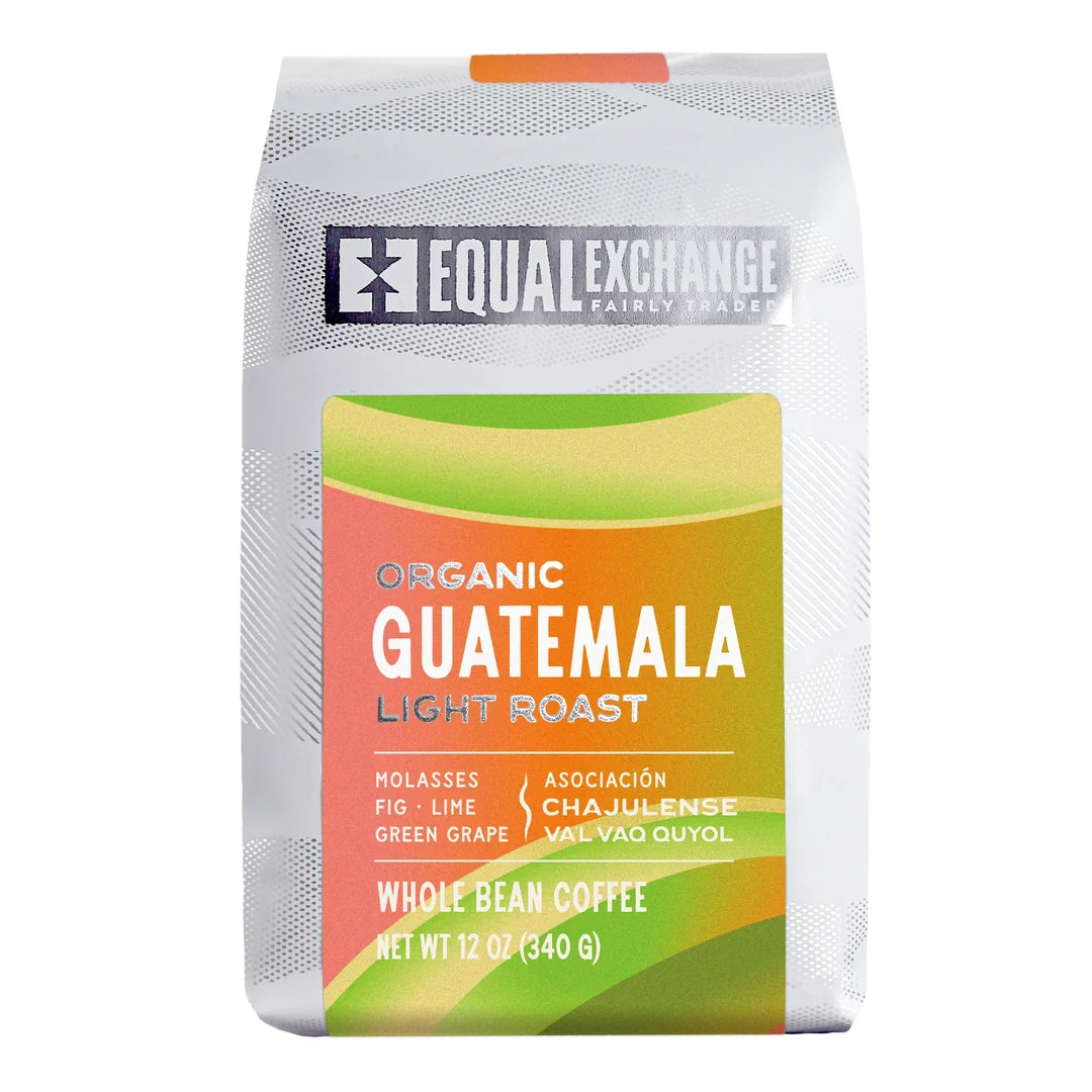 Equal Exchange Organic Guatemala light roast coffee white packaging with lime green, peach and orange decoration.