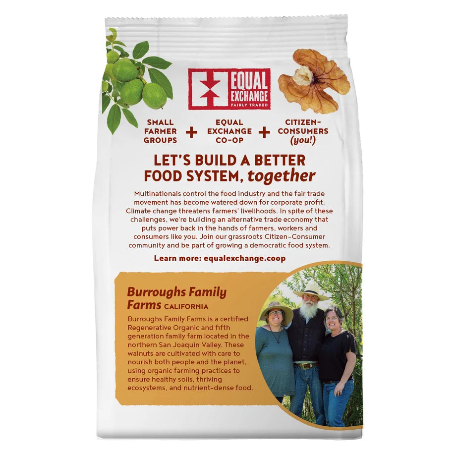 Back packaging Equal Exchange includes artiasan story white background with red lettering