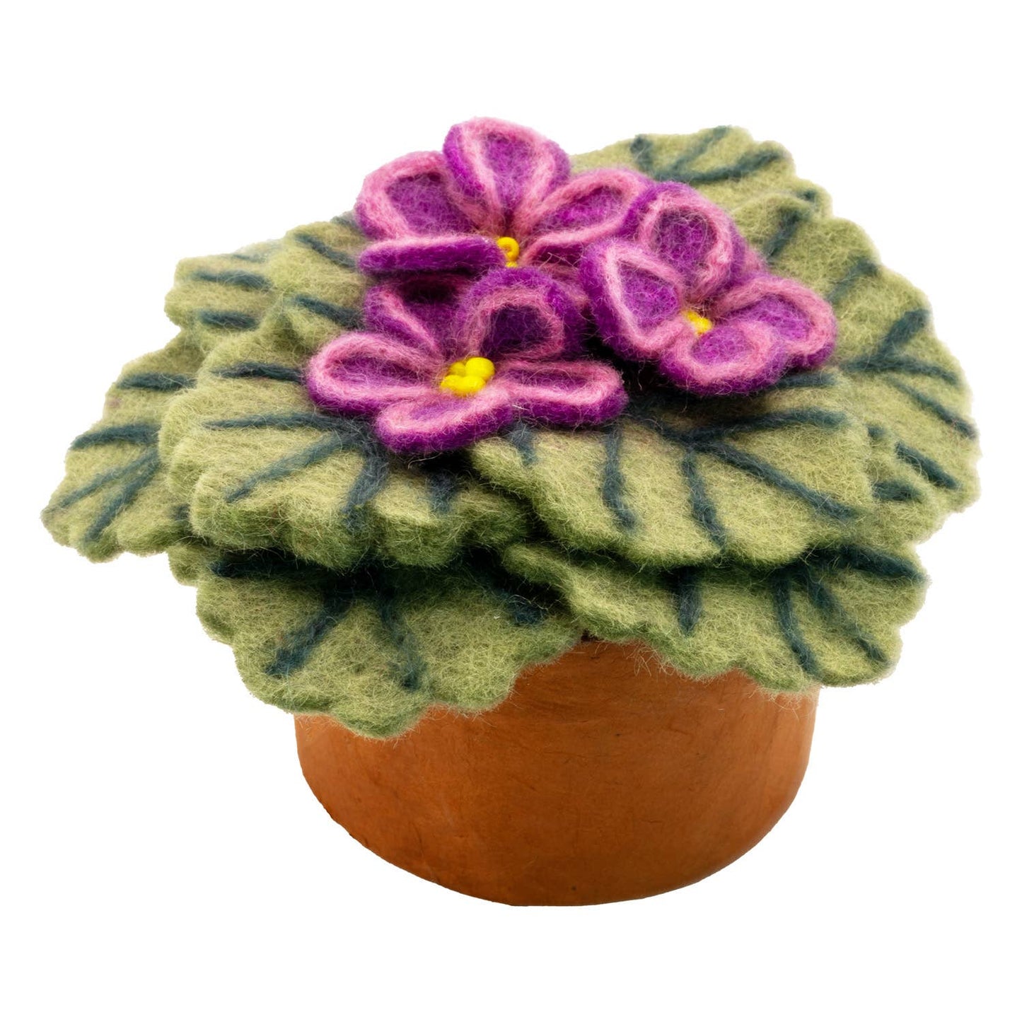 Felted flower pot with purple flowers and green leaves on a white background