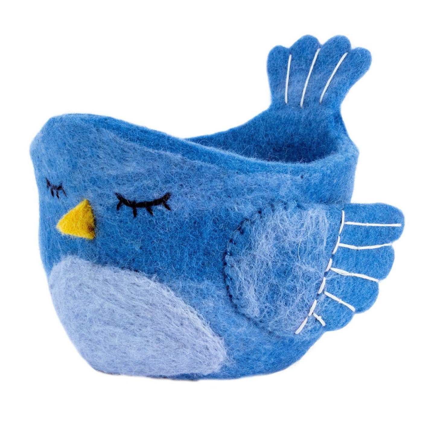 Bluebird-shaped felted plant pot on a white background