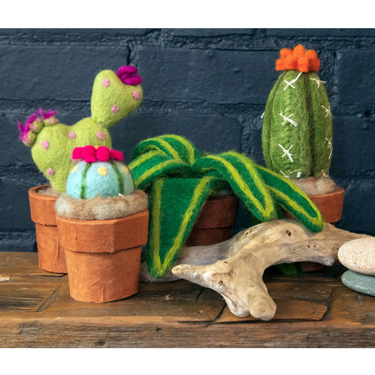 Three felted wool cacti and a felted snake plant in terracotta pots, arranged on a rustic wooden surface with driftwood and stones against a dark brick wall.