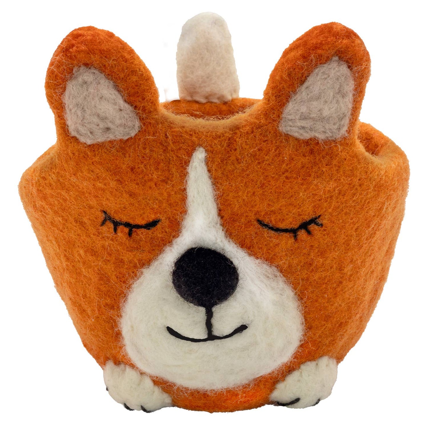 Felted corgi-shaped container with a smiling face on a white background