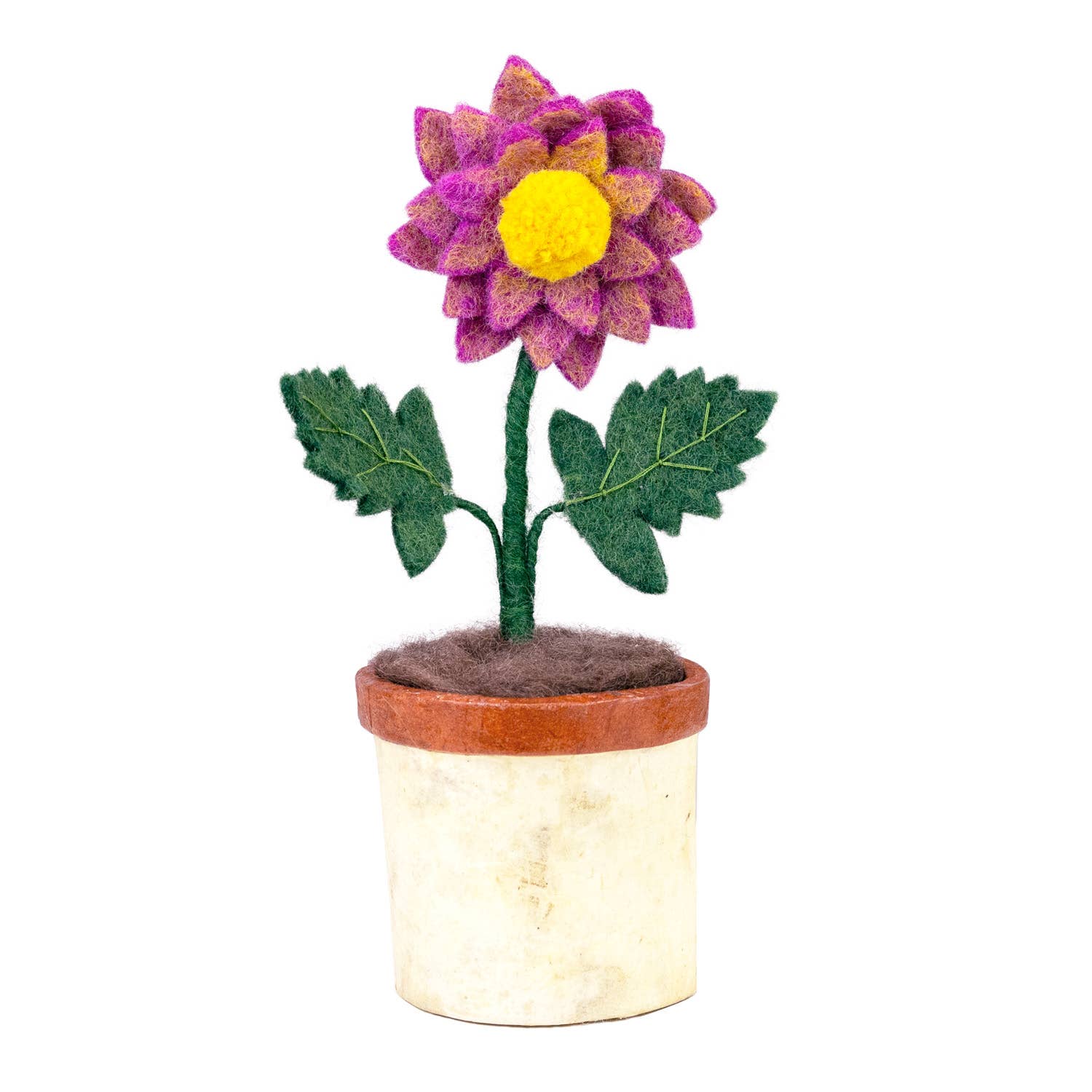 Pink felted flower in a pot on a white background
