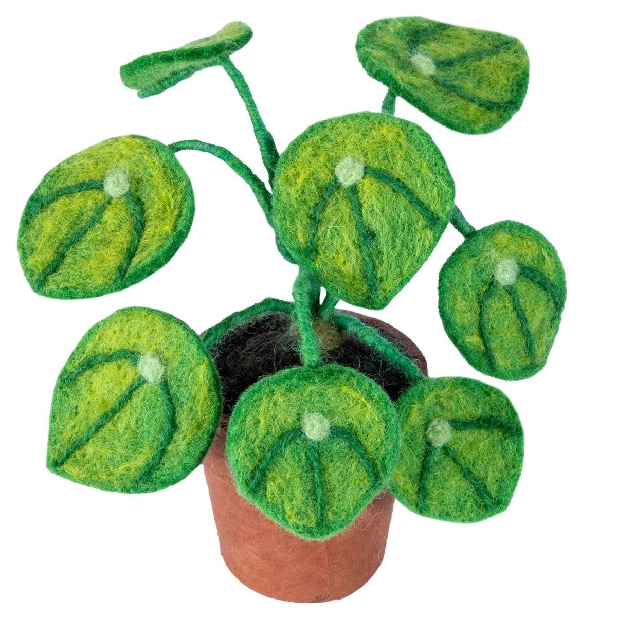 Felted potted plant with green leaves on a white background