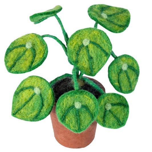 Felted potted plant with green leaves on a white background
