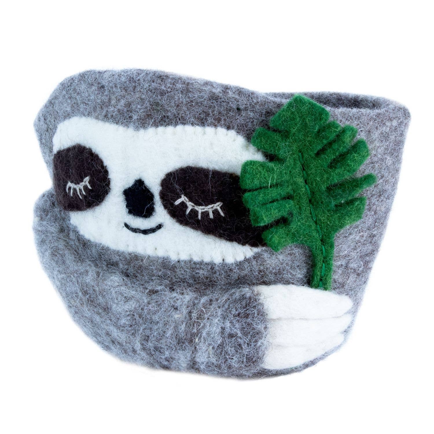 Plush sloth container with a leaf on a white background