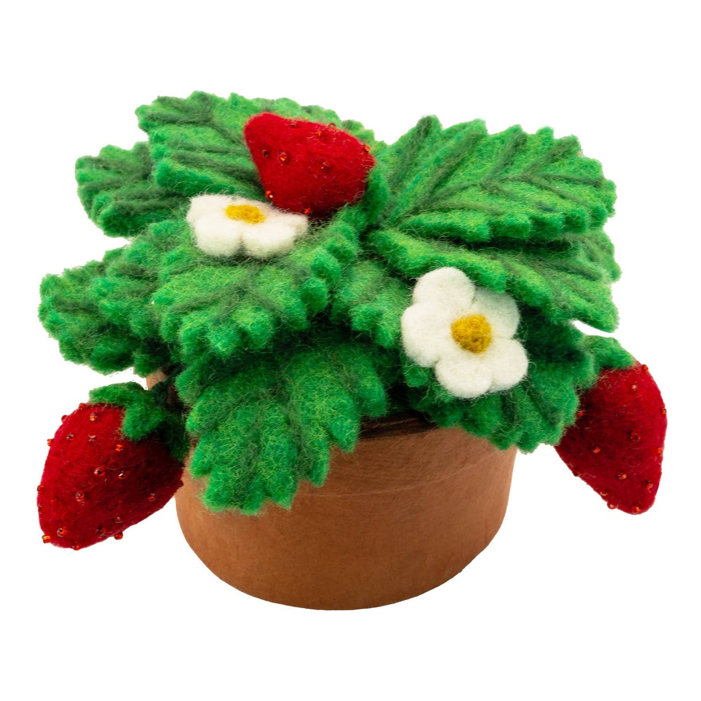 Felted plant with green leaves, red berries, and white flowers in a pot on a white background