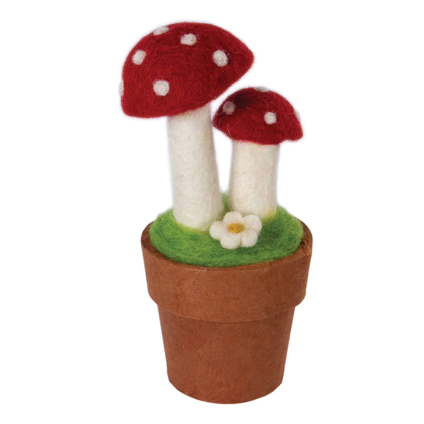Felted toadstool with a flower in a pot on a white background