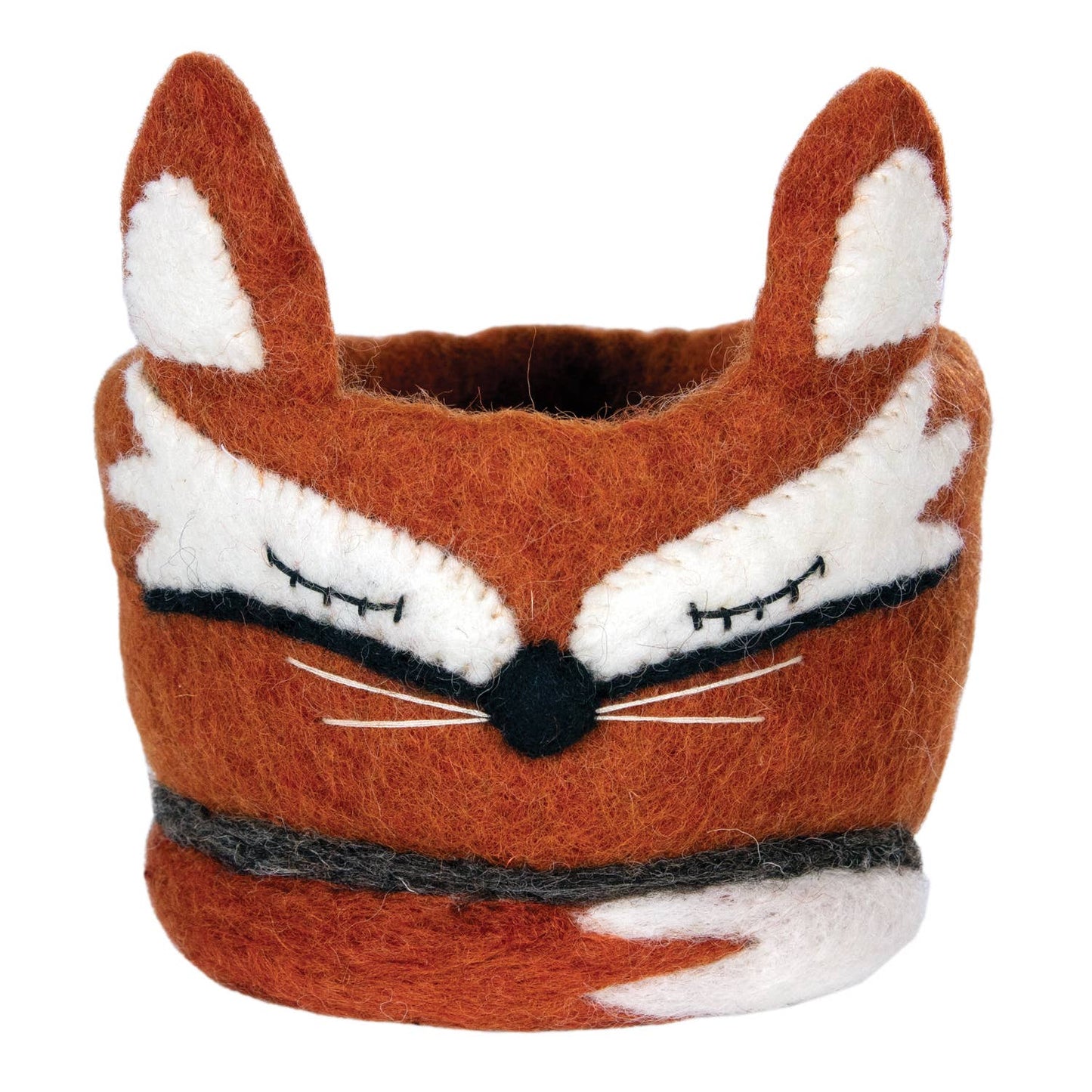 Felt fox-shaped container with a white background