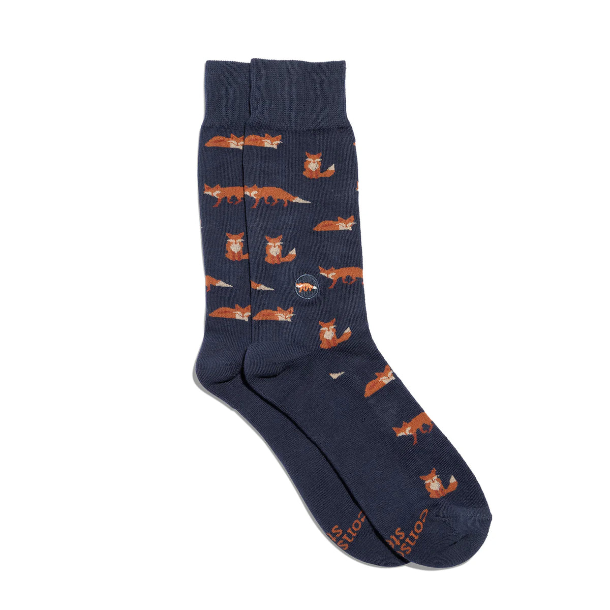 Navy socks with fox pattern on a white background