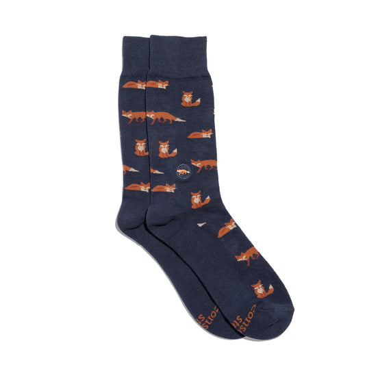 Navy socks with fox pattern on a white background
