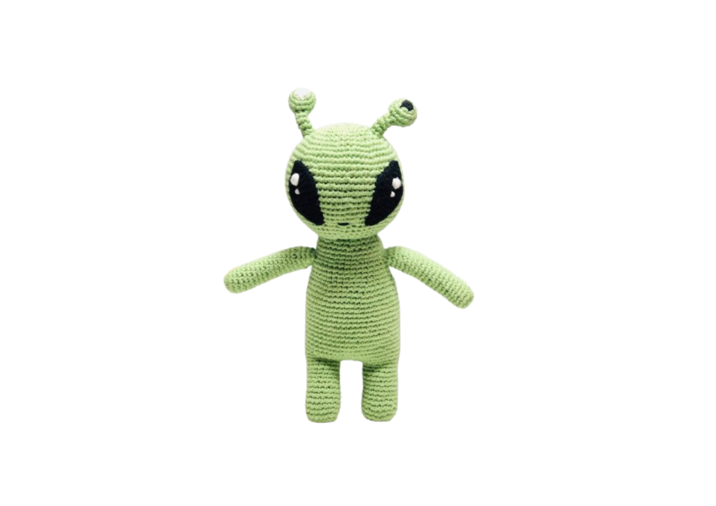 Green alien plush toy on a white background