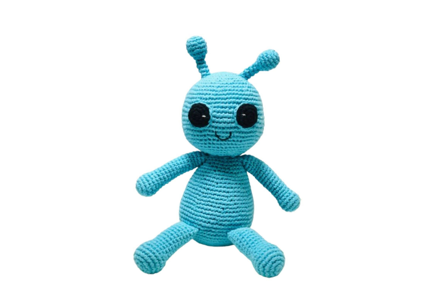 Blue crochet alien toy on a white background