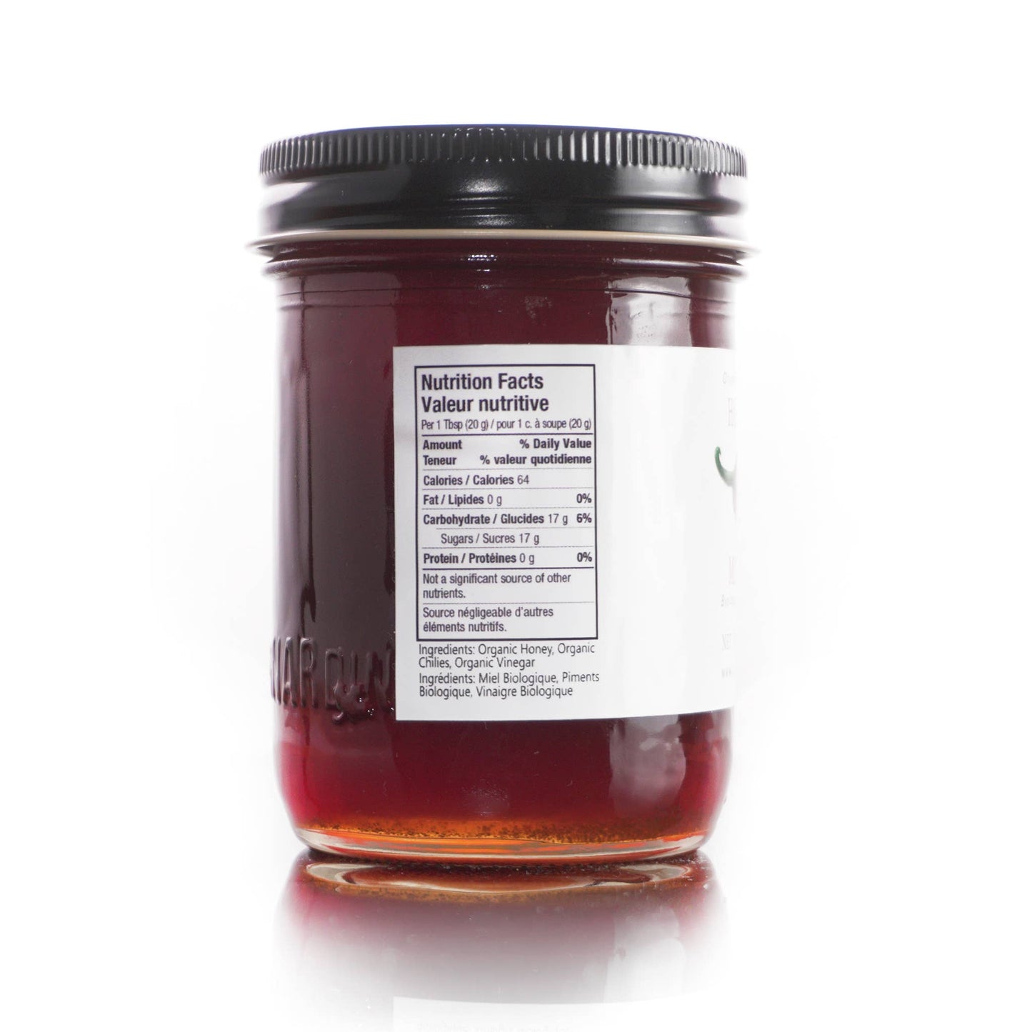 Jar of Hot Honey with a nutrition facts label on a white background