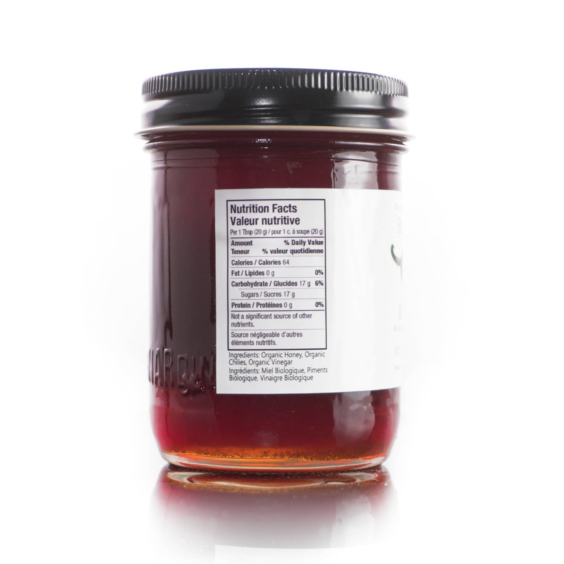 Jar of Hot Honey with a nutrition facts label on a white background