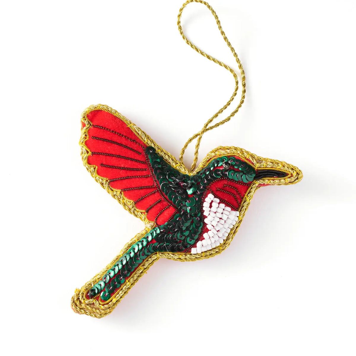 Decorative hummingbird ornament with red, green, and white colors on a white background