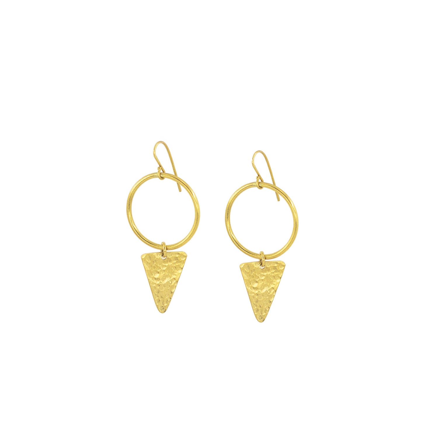 Drop earrings with a polished circle and hammered triangle pendants on a white background