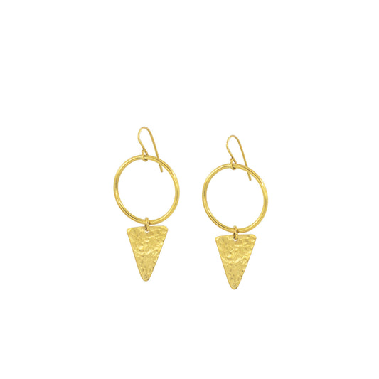 Drop earrings with a polished circle and hammered triangle pendants on a white background