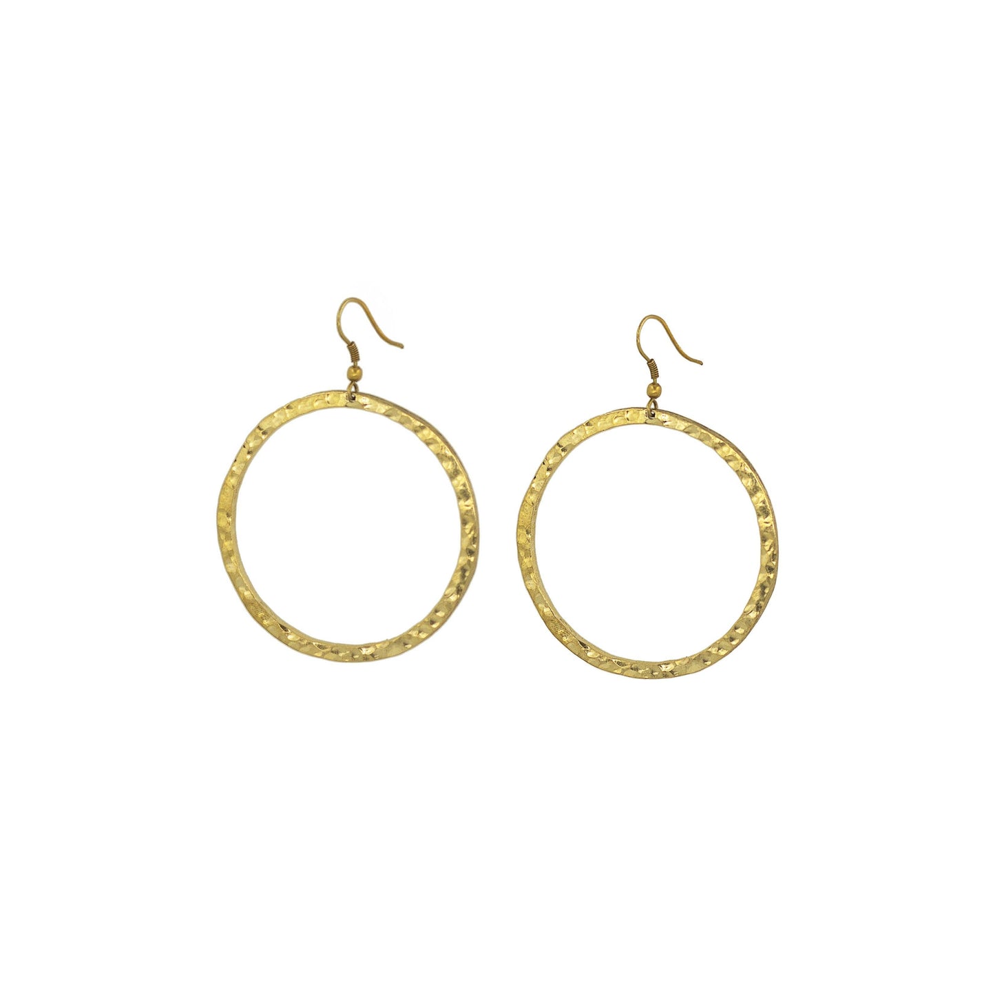 Hammered gold hoop earrings with a French Hook on a white background