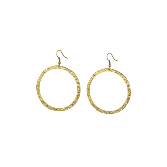 Hammered gold hoop earrings with a French Hook on a white background