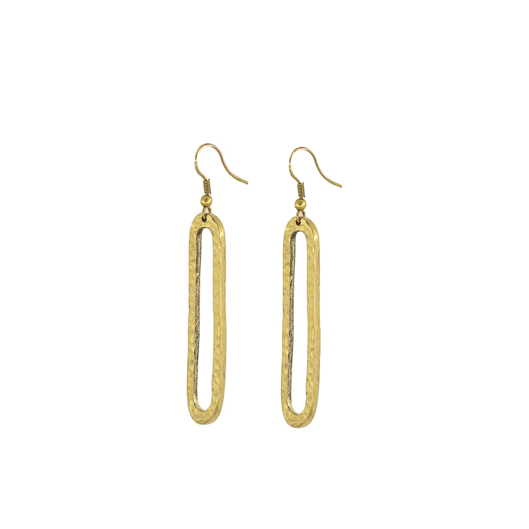 A pair of gold-toned textured oval drop earrings with French hook backings, shown against a plain white background.