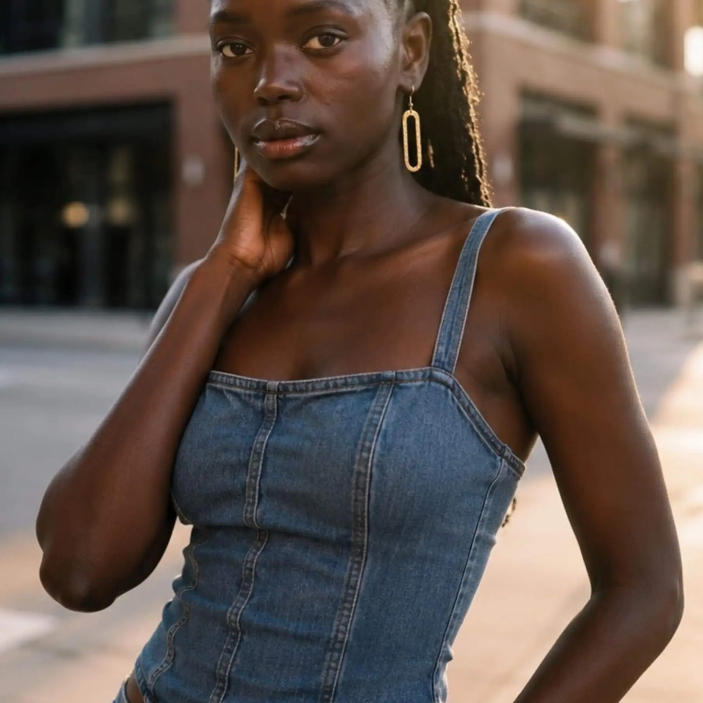 Woman wearing a denim dress and elongated gold-toned earrings with a blurred urban background