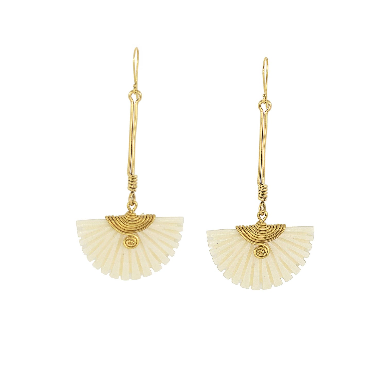 Pair of gold and cream fan-shaped earrings on a white background
