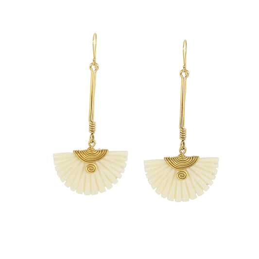 Pair of gold and cream fan-shaped earrings on a white background