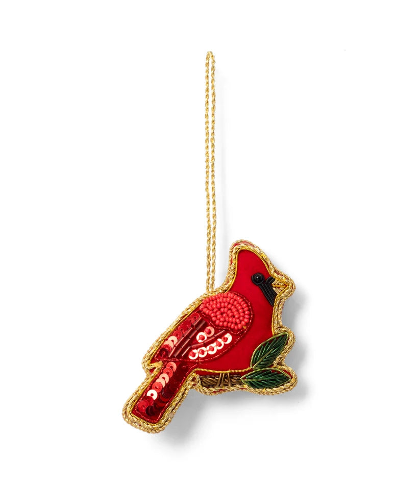 Red cardinal ornament embellished with beads, sequins and embroidered details with a gold metallic hanging cord.