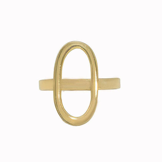 A gold ring featuring a large, open oval design that intersects with a flat, polished band, shown on a plain white background.